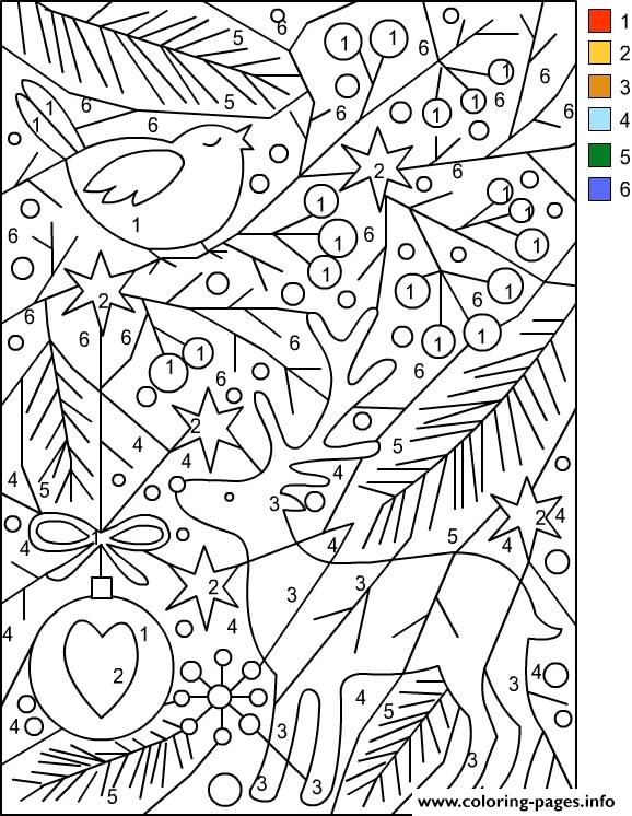 Christmas landscape with reindeer and decorations color by number coloring page printable