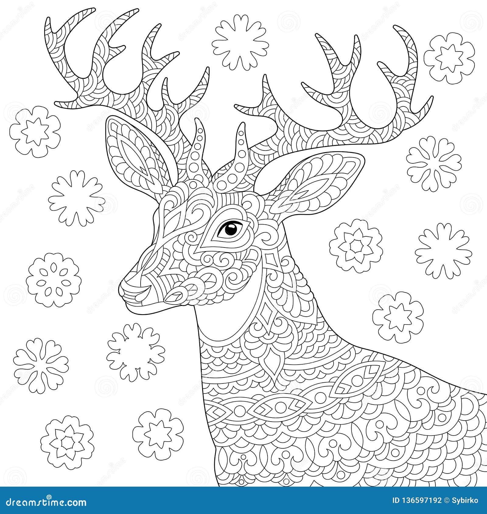 Zentangle deer reindeer coloring page stock vector