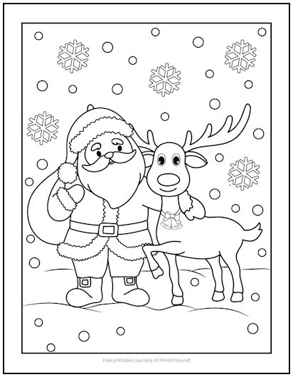Santa and reindeer christmas coloring page print it free
