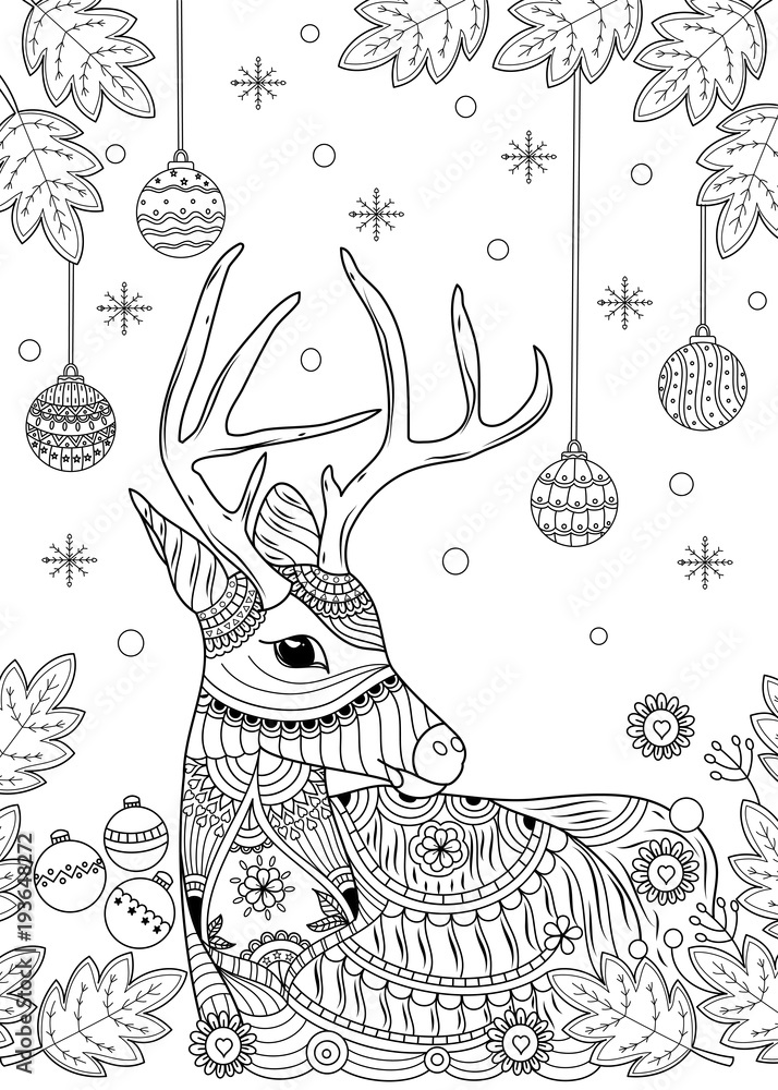 Christmas reindeer coloring book for adult and children vector illustration zentangle style handdrawn vector
