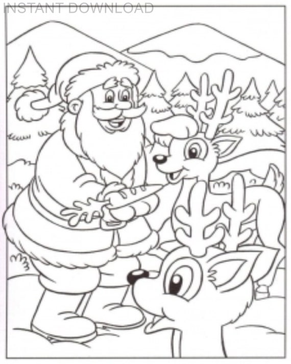 Printable x santa and reindeer coloring pageinstant downloaddigital fileplus bonus