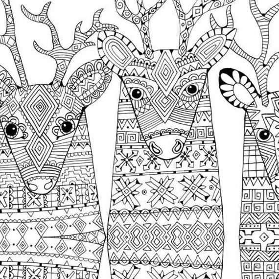 Reindeer christmas printable coloring pages for instant download