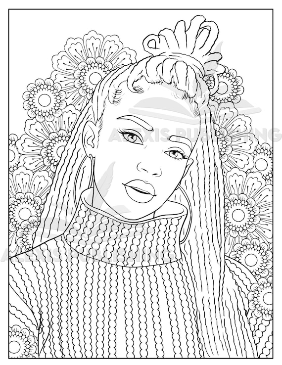 Black women adult coloring page melanin girl illustration for stress relieving and relaxation instant download printable page