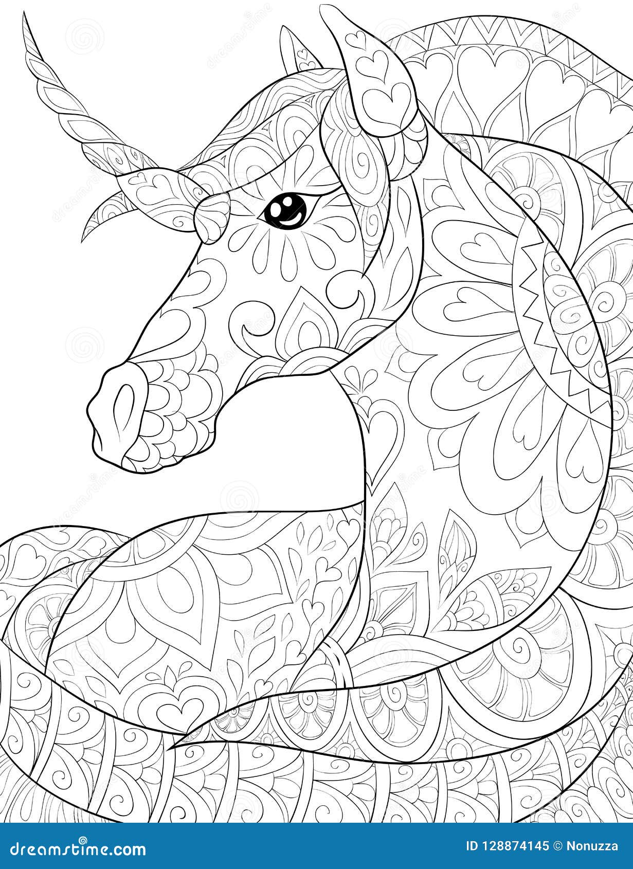 Adult coloring bookpage a cute unicorn image for relaxingzen art style illustration stock vector