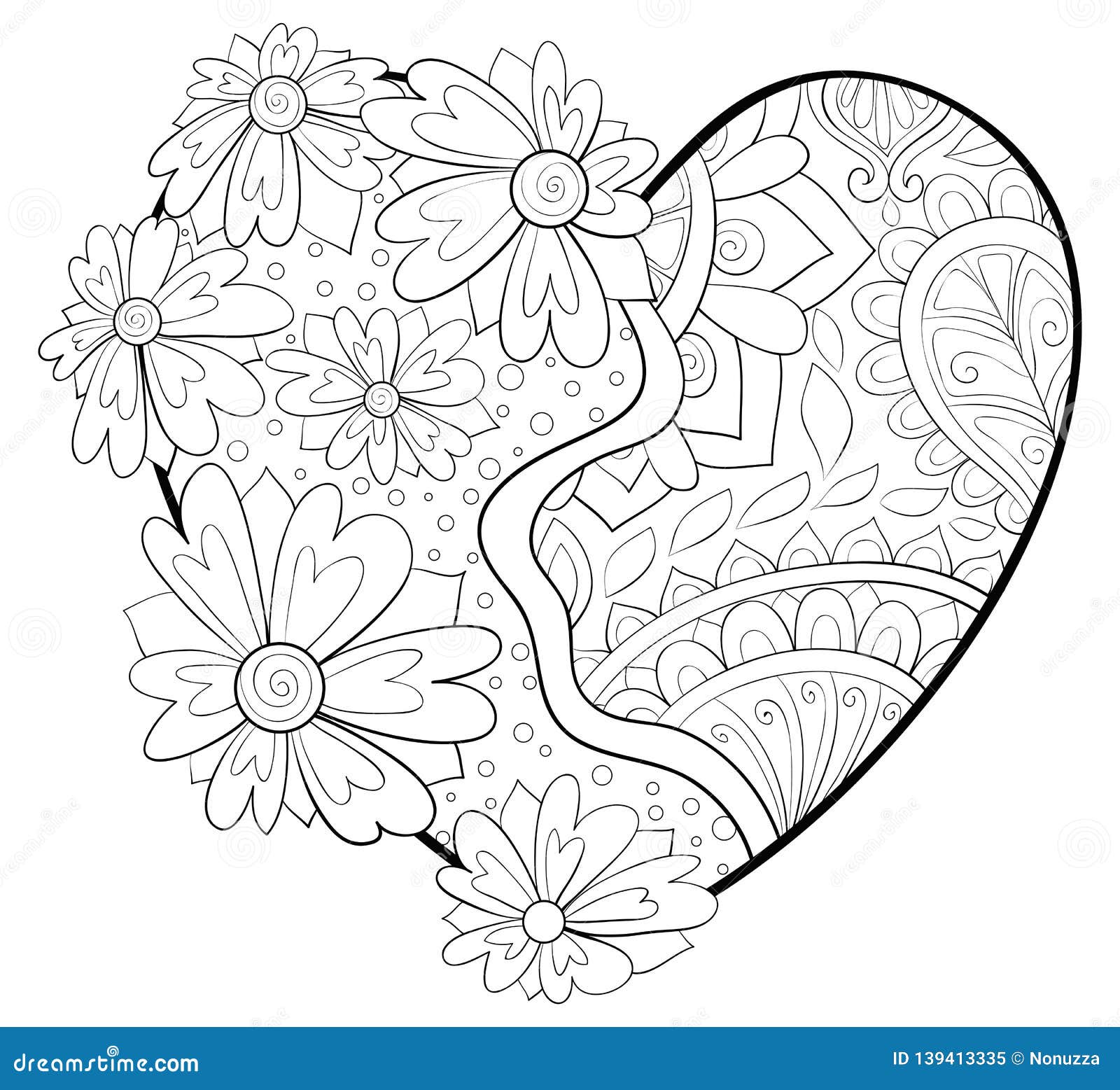 Adult coloring bookpage a valentines day heart image for relaxingzen art style illustration stock vector
