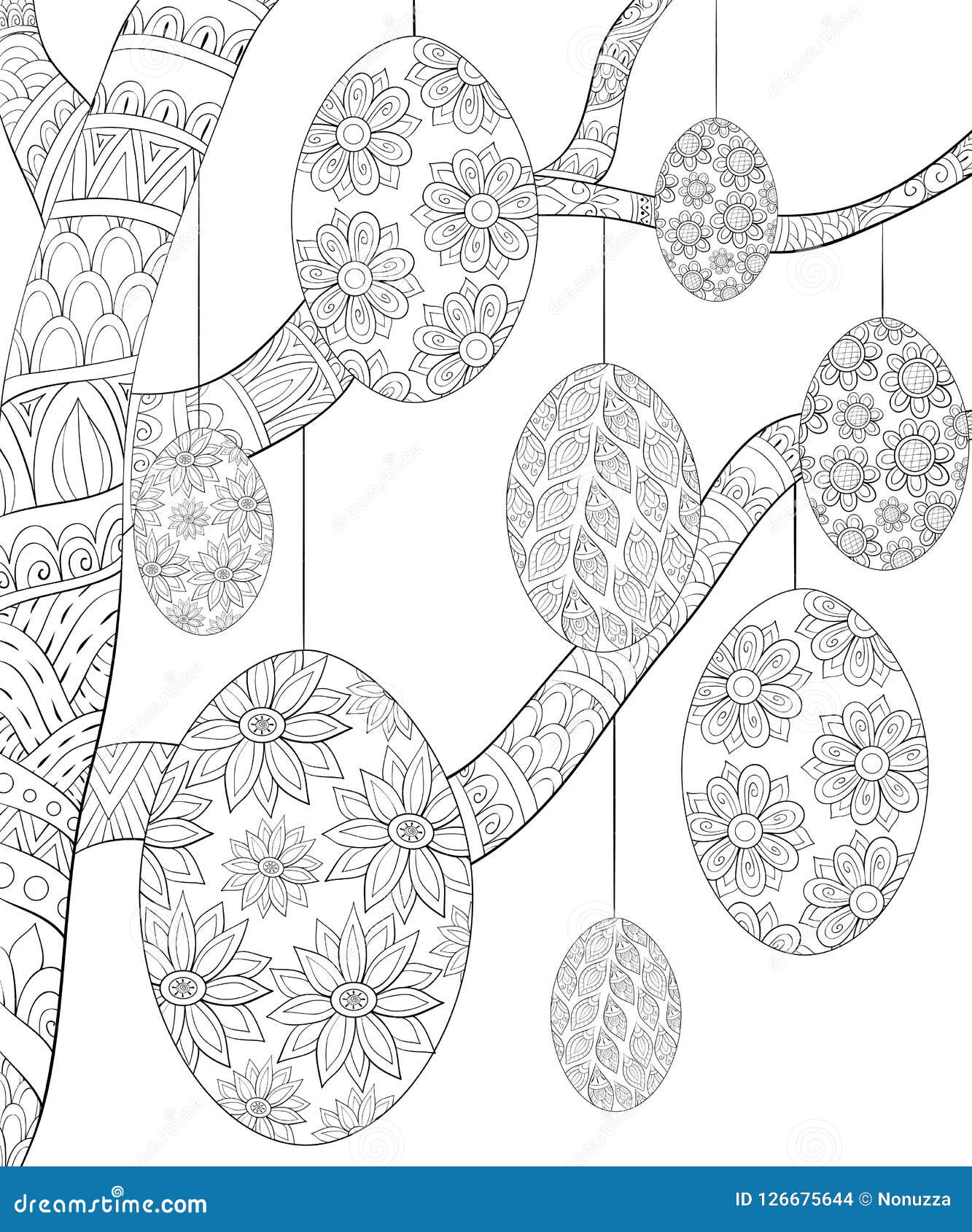 Adult coloring bookpage a tree full of easter eggs for relaxingzen art style illustration stock vector