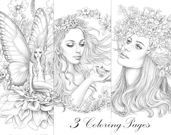 Sets of coloring pages beauties download grayscale portraits antistress relaxing printable adult coloring page fashion girl illustration