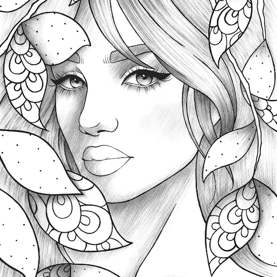 Adult coloring page girl portrait and leaves colouring sheet floral pdf printable anti