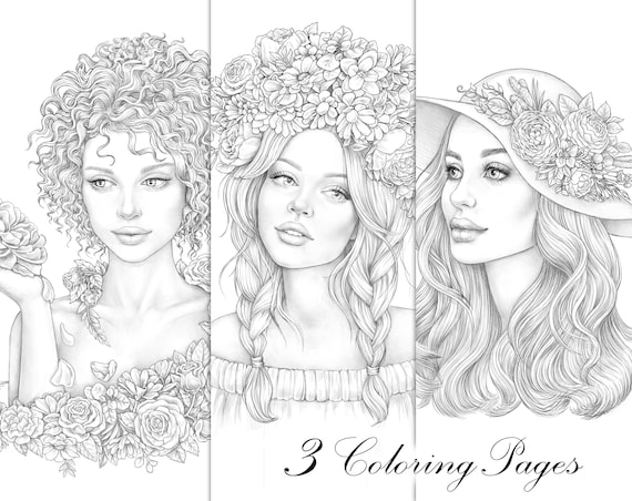 Sets of coloring flower beauties download grayscale portraits antistress relaxing printable adult coloring page fashion girl illustration download now