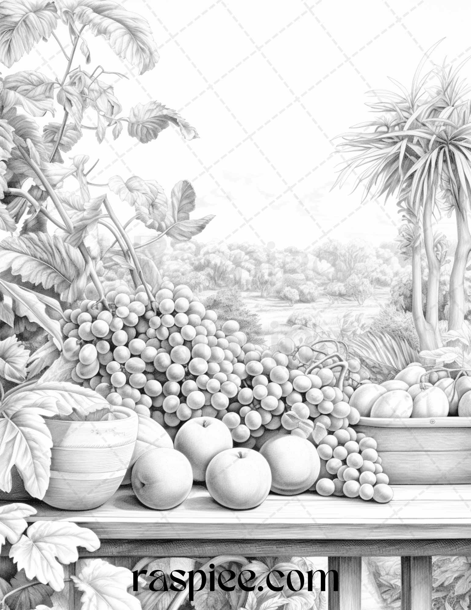 Relaxing fruit garden grayscale coloring pages printable for adults p â coloring