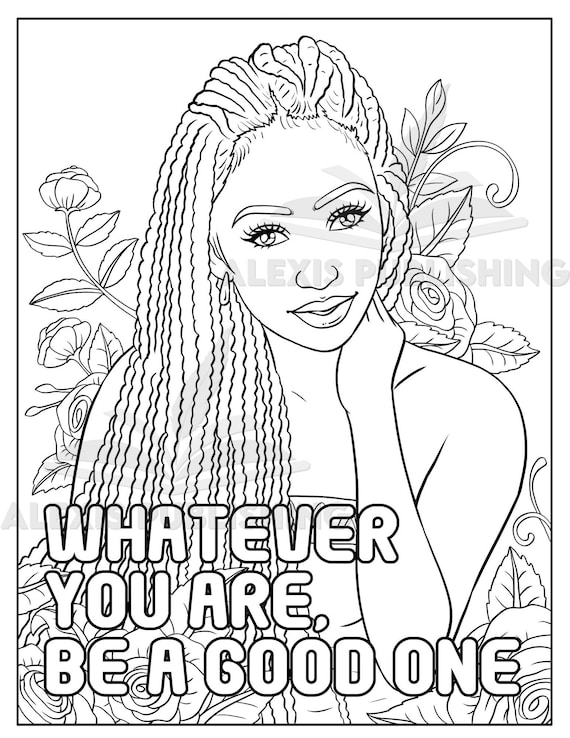Inspirational adult coloring page beautiful black woman portrait motivational quotes for stress relief relaxation printable jpg file