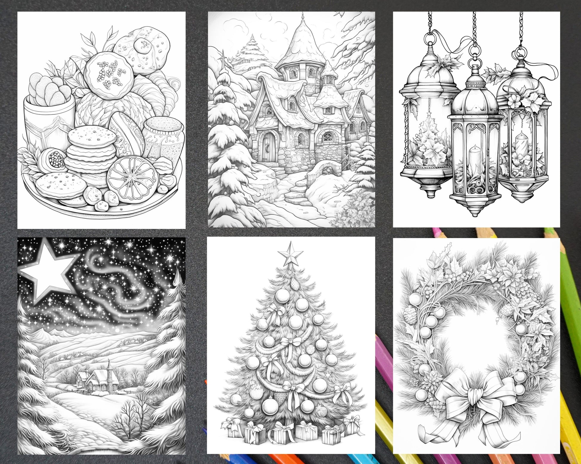 Relaxing christmas grayscale coloring pages for adults festive scenes â coloring