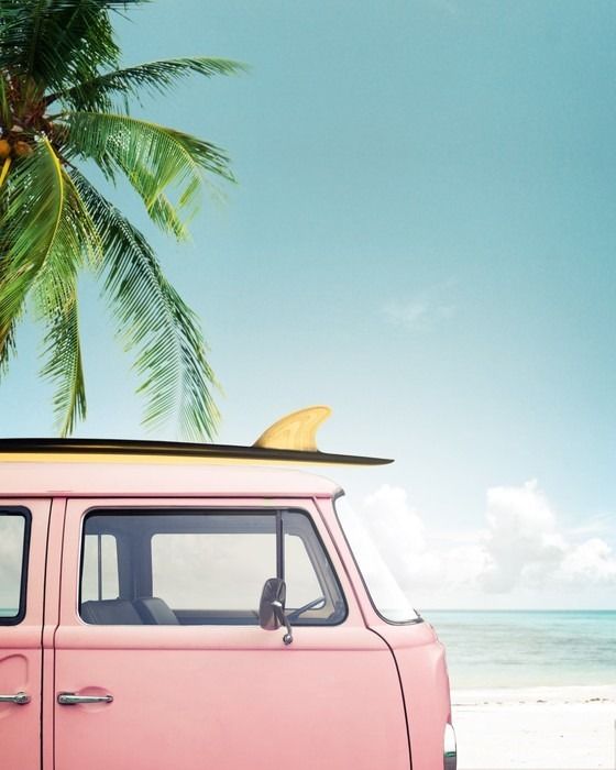 Poster vintage car parked on the tropical beach seaside with a surfboard on the roof