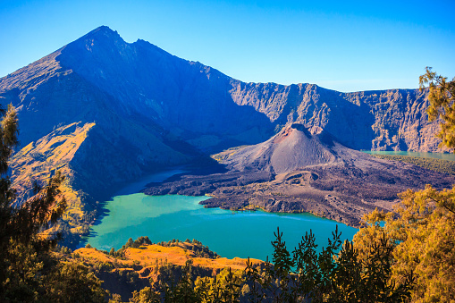 Panorama view of mountain rinjani of indonesia stock photo