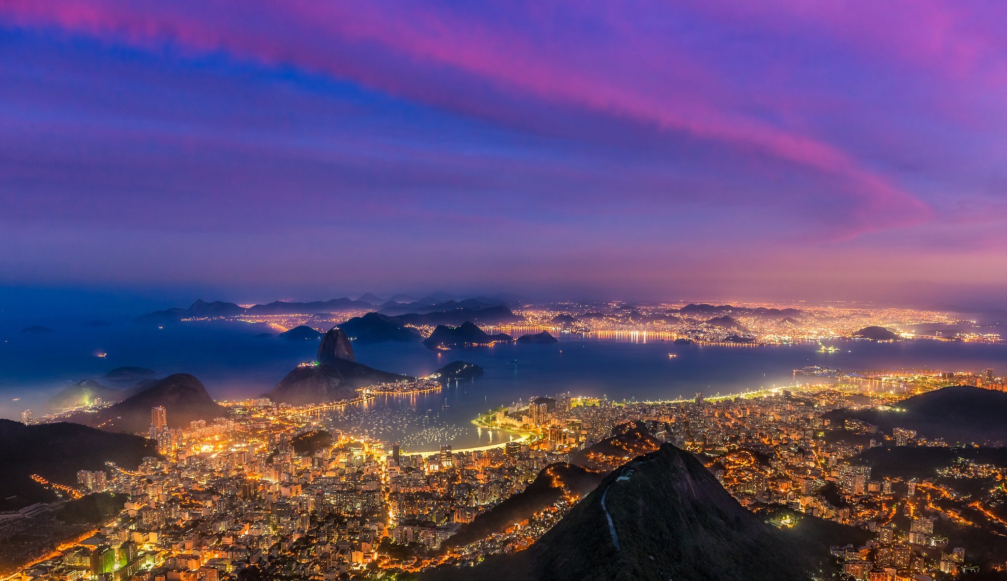 Cityscape architecture building city rio de janeiro brazil evening sunset clouds lights sea bay hill mountain birds eye view wallpapers hd desktop and mobile backgrounds