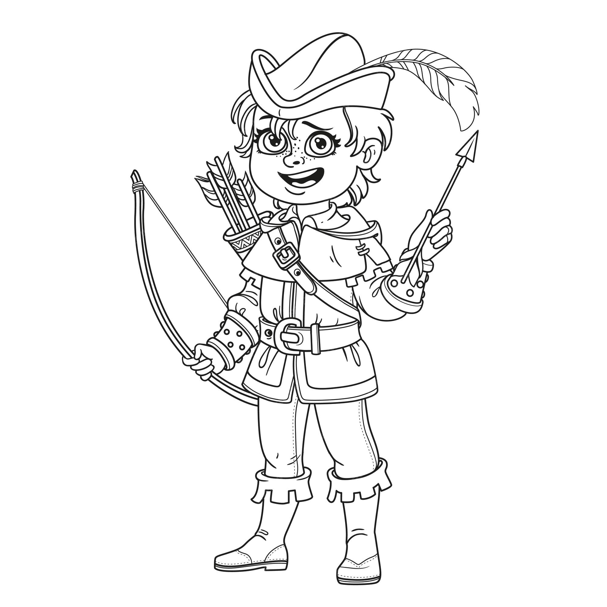 Premium vector cute boy in robin hood costume outlined for coloring page