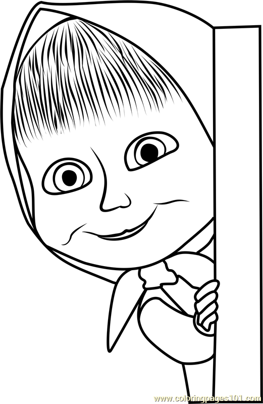 Masha behind the door coloring page for kids