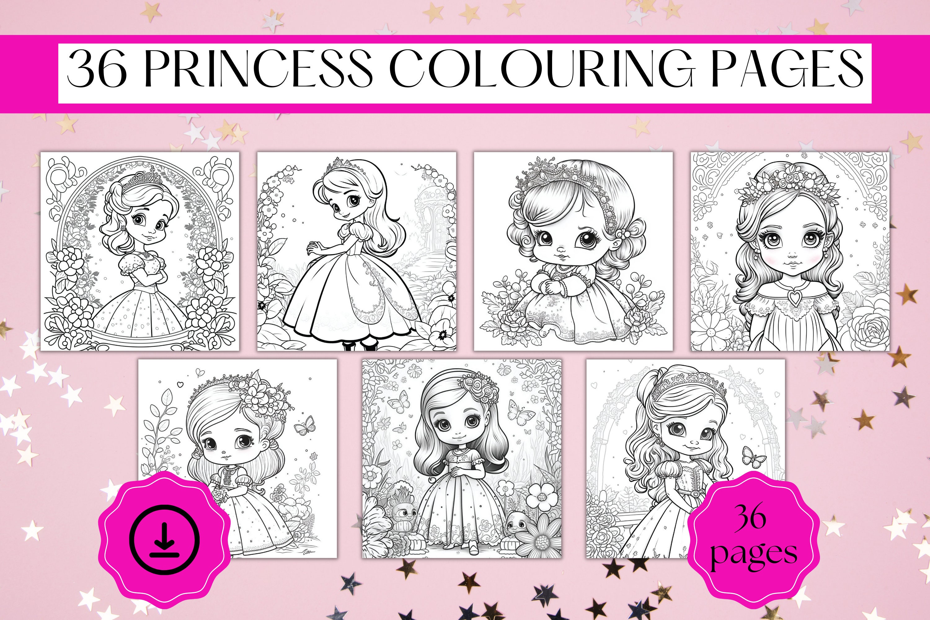 Printable princess colouring pages digital pdf download princess colouring book activity sheets princess party princess drawing