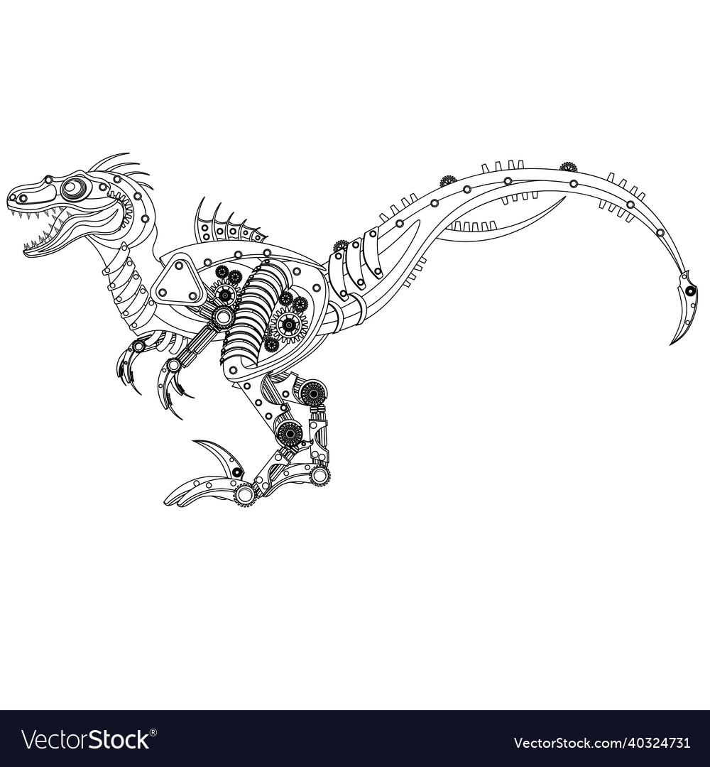 Steampunk raptor dinosaur robot coloring book vector image