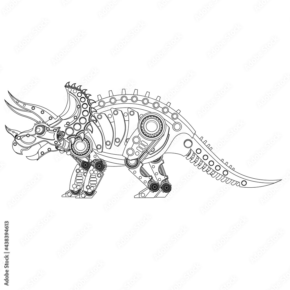 Steampunk triceratops dinosaur robot coloring book vector illustration on a white background vector