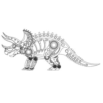 Steampunk triceratops dinosaur robot coloring book vector illustration on a white background vector