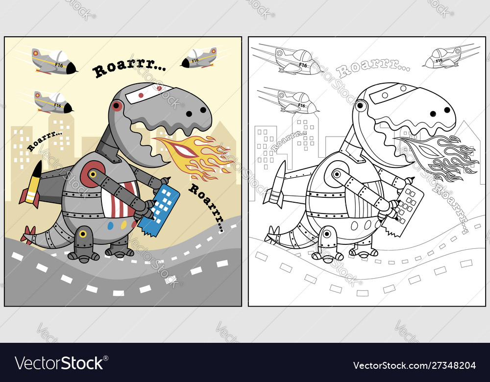 Dino robot attack city cartoon coloring book vector image