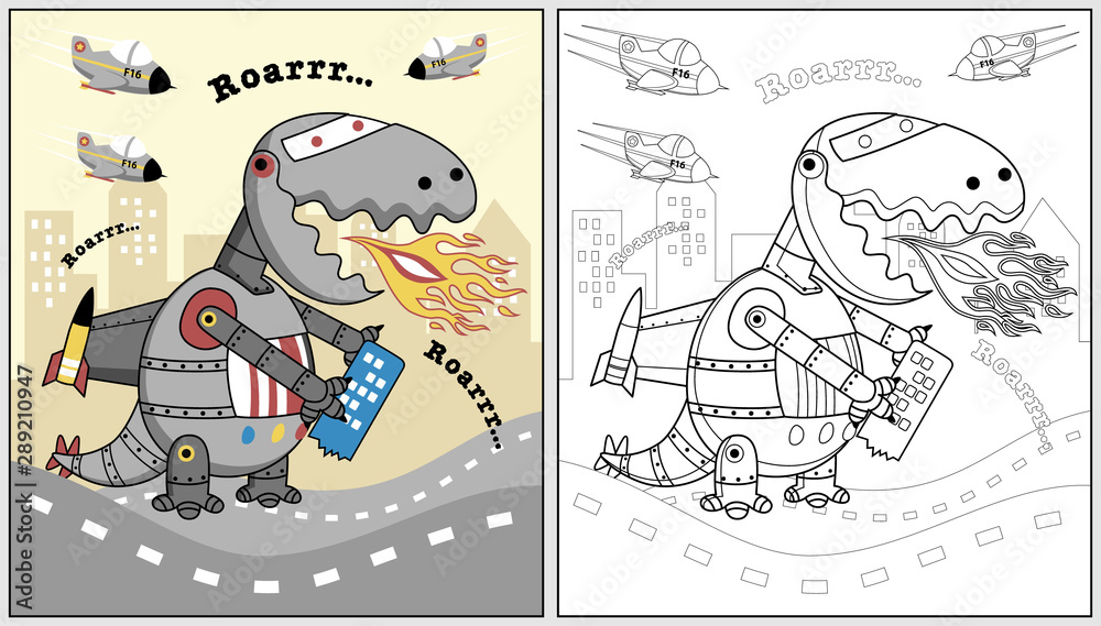 Dino robot attack city vector cartoon illustration coloring book or page vector