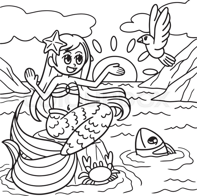 Mermaid sitting on a rock coloring page for kids stock vector