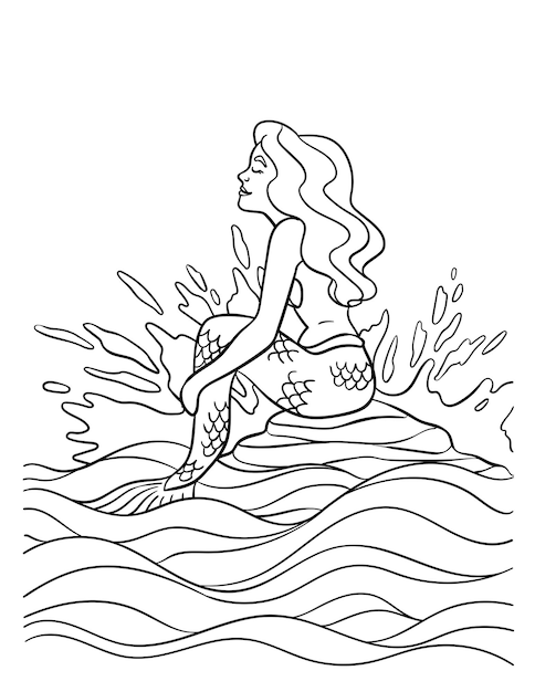 Premium vector mermaid sitting on the rock isolated coloring page