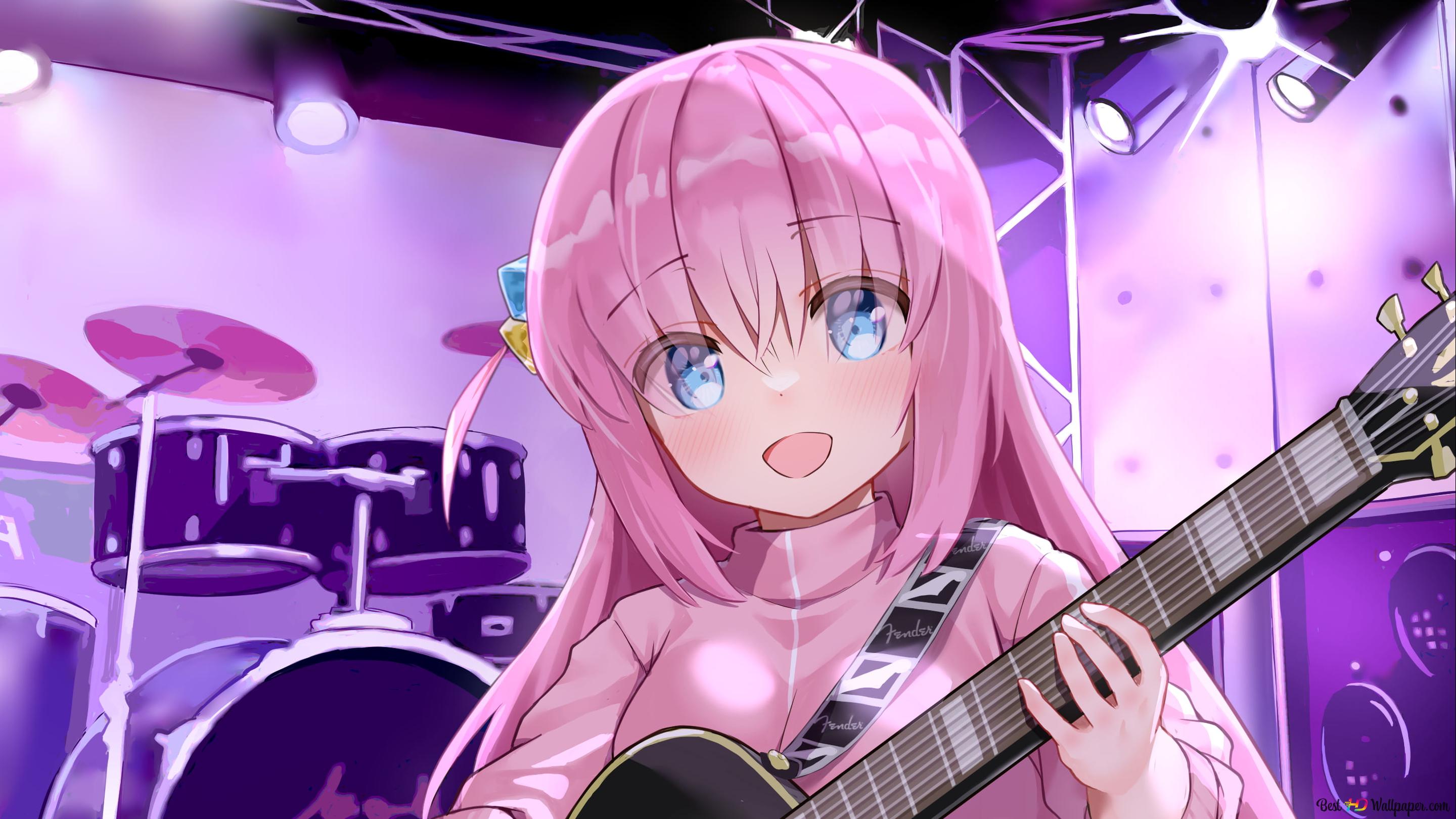 Bocchi the rock anime series pink haired girl plays the guitar k wallpaper download
