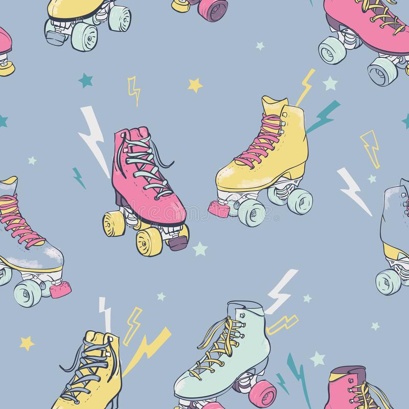 Vector retro electric roller skating on pastel blue seamless pattern background stock vector