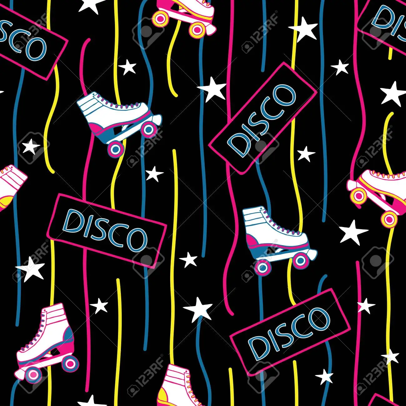 Seamless vector pattern with roller skates and stars on black background retro wallpaper design with neon colours fun lifestyle sport vintage fashion royalty free svg cliparts vectors and stock illustration image