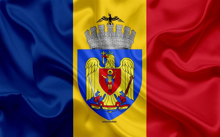 Download wallpapers flag of bucharest k silk texture romania co of arms bucharest capital of romania nionaâ nional symbols capital of romania flag