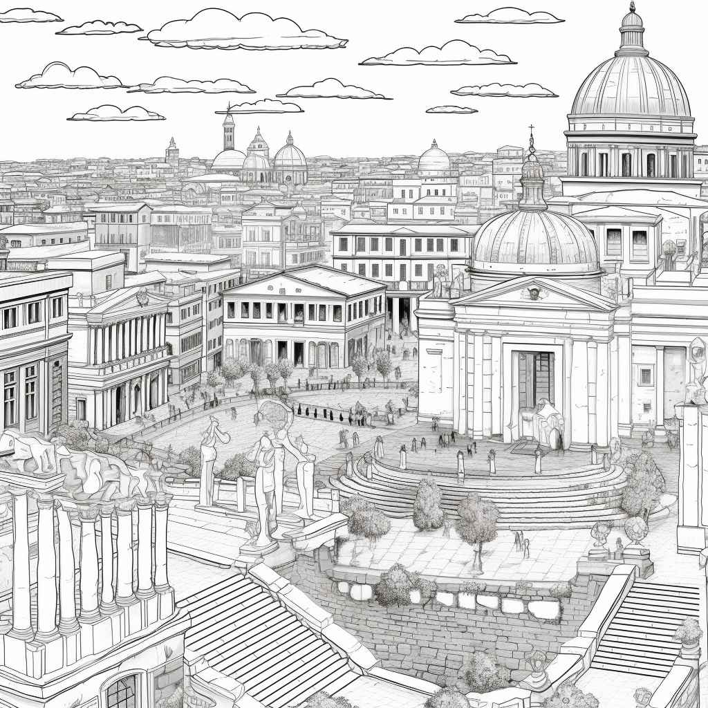 Midjourney prompt rome coloring pages for kids