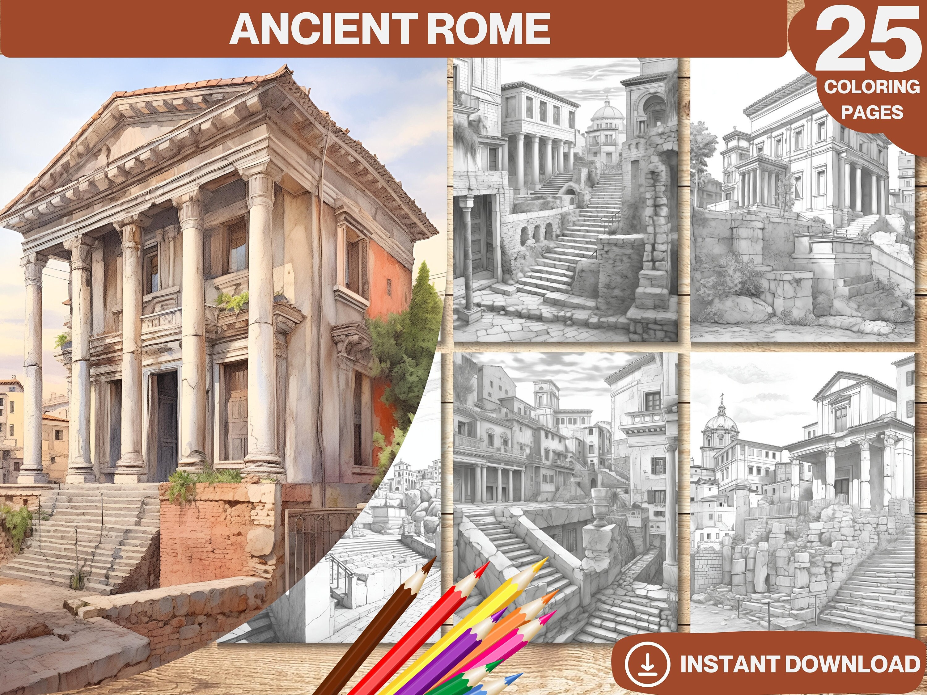 Ancient rome coloring book printable adults and kids coloring pages grayscale colouring book digital instant download printable pdf