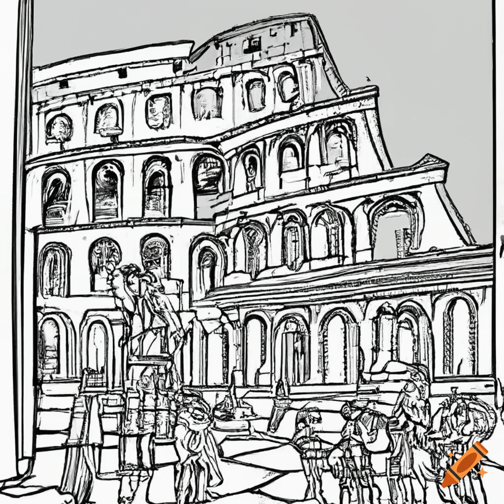 Clean coloring book page no background black outline only childrens art by youko furugoori roman age scene with colosseum and julius ceasar on