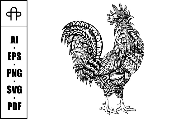 Rooster chicken mandala zentangle coloring page illustration