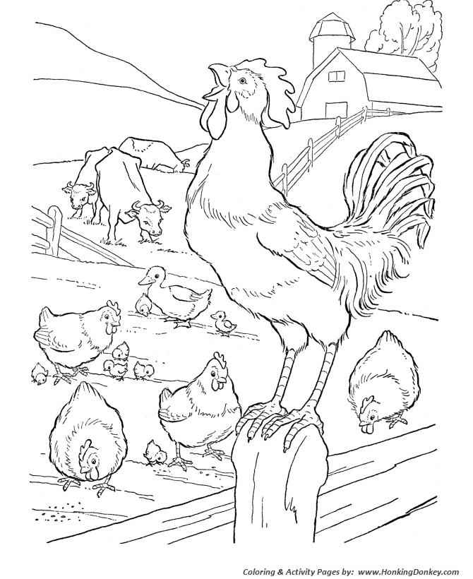 Farm life coloring pages printable farm barn and a rooster coloring page and kids activity sheet