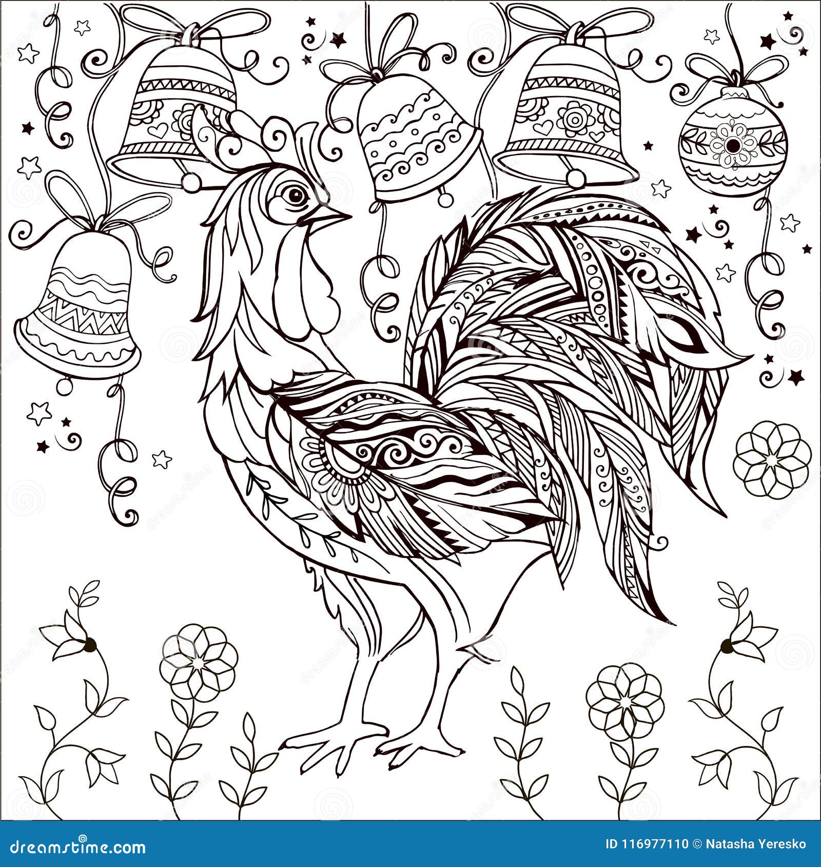 Decorative rooster monochrome coloring page merry christmas bell stock vector