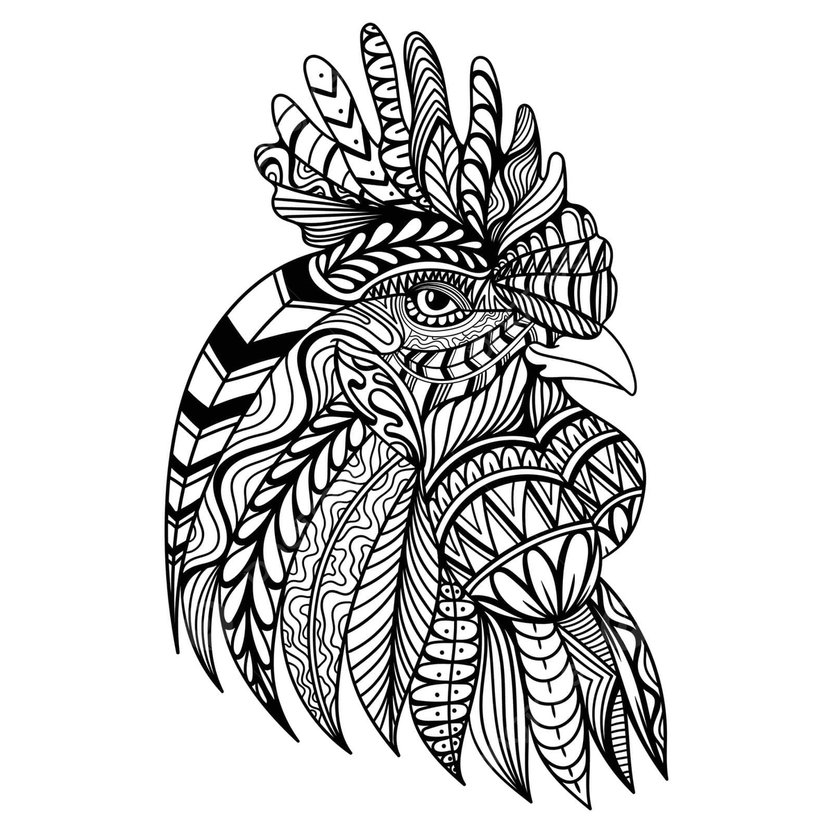Illustration of a mandalastyle zentangle coloring page featuring the head of a rooster chicken vector ornament face tattoo png and vector with transparent background for free download