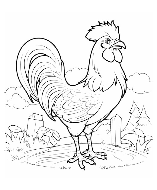 Premium vector rooster coloring page for kids rooster coloring book page rooster line art design