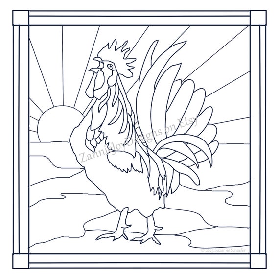 Stained glass crowing rooster pattern chicken drawing rooster drawing line drawing instant download printable pdf coloring page