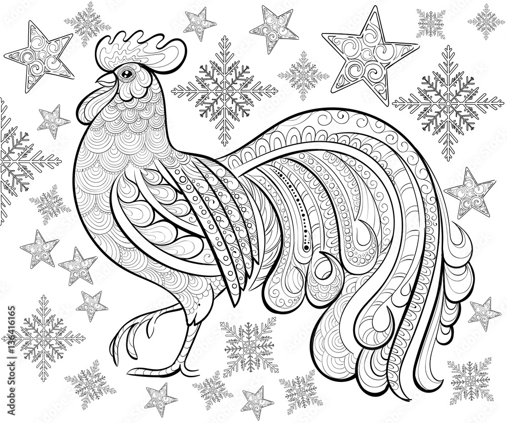 Hand drawn ink pattern coloring book for adult merry christmas new year rooster illustration