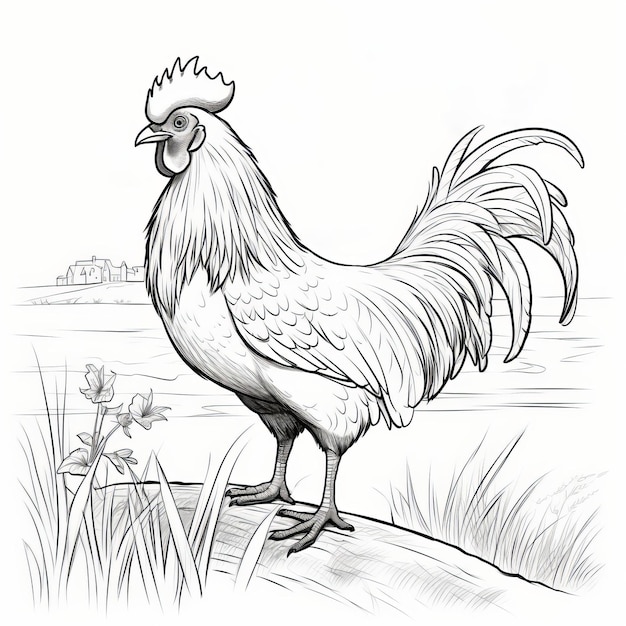 Premium ai image realistic rooster coloring pages detailed rendering of a chicken in a field