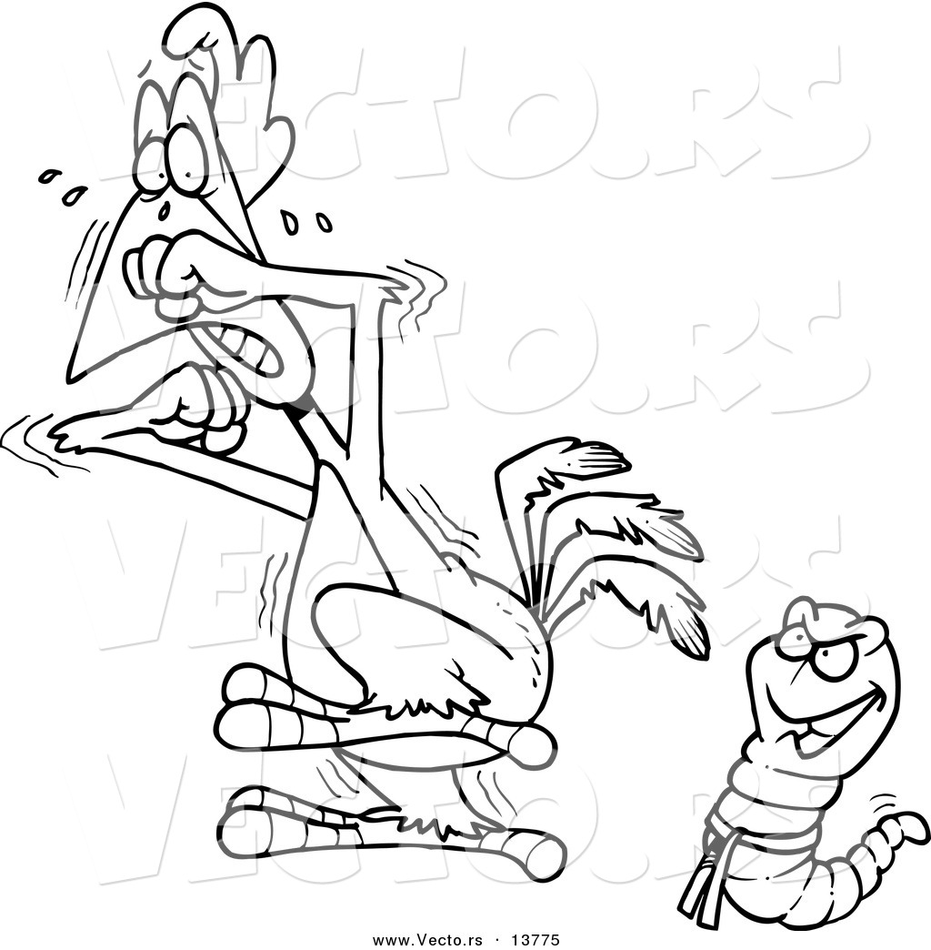 R of a cartoon karate worm intimidating a rooster
