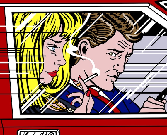 Couple portrait car background pop art style roy lichtenstein style for digital use and personal print personalized portrait