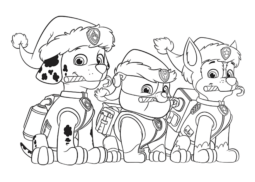 Marshall rubble and chase from paw patrol keeping candies coloring page