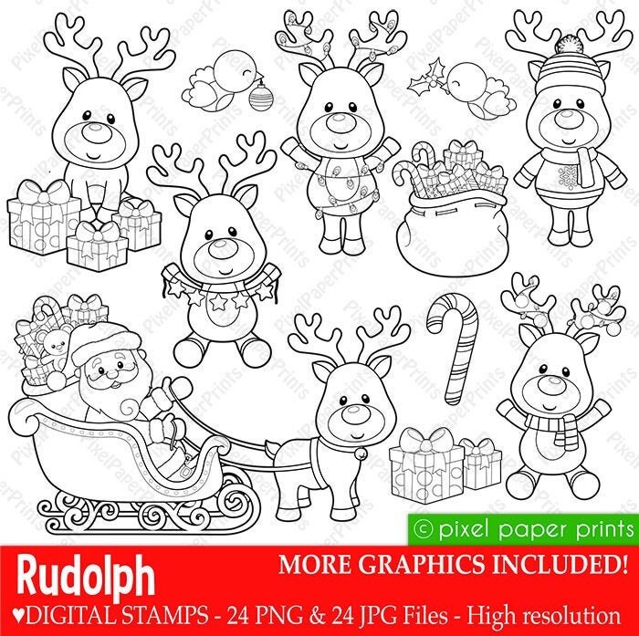 Rudolph reindeer digital stamps christmas clipart line art graphics for coloring pages worksheets crafts more printable png
