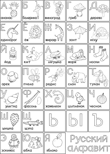 Coloring page russian alphabet with cartoon pictures and titles for children education stock illustration