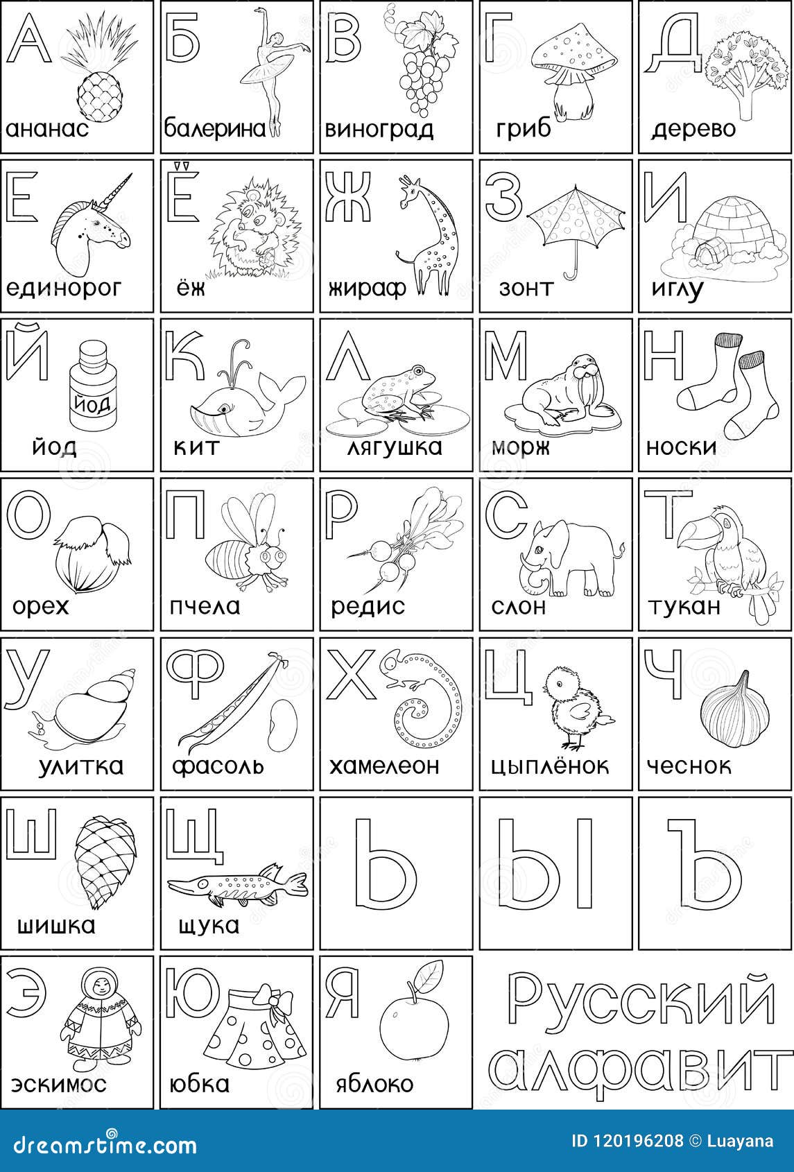 Coloring page russian alphabet with pictures and titles for children education stock vector